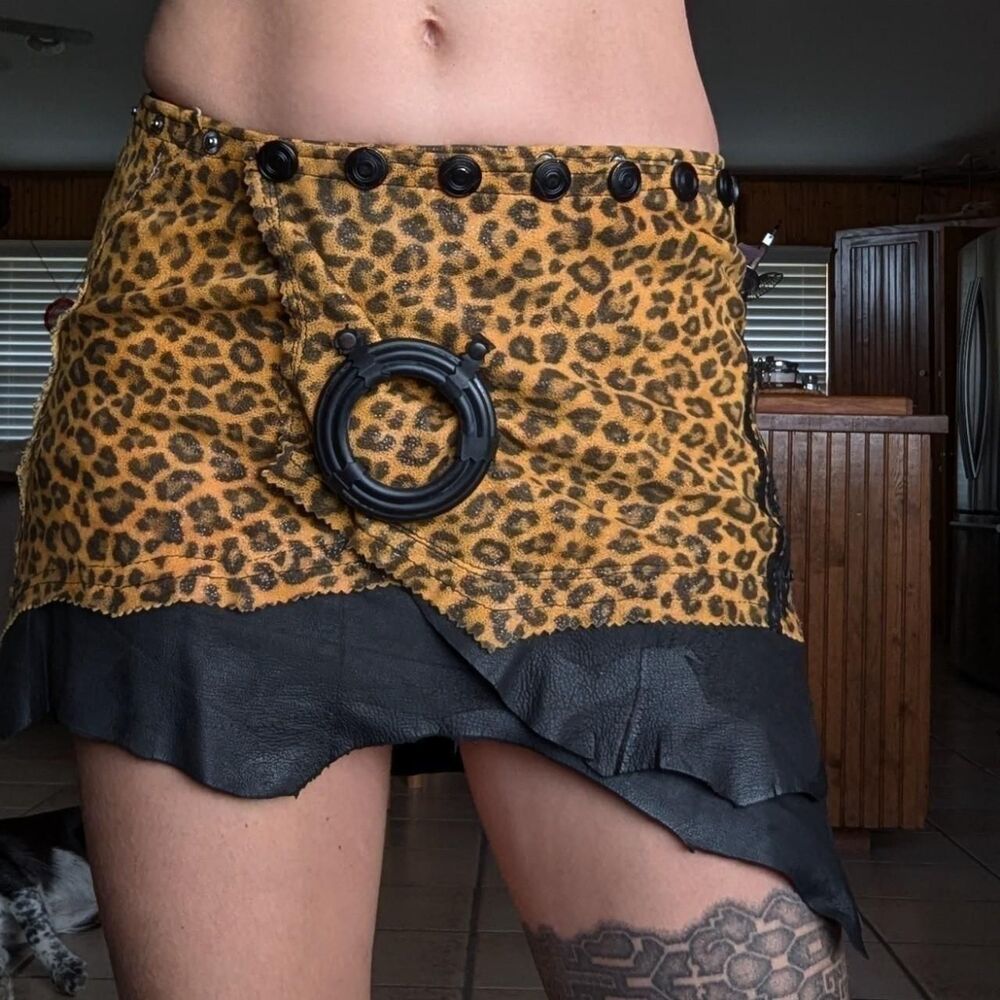 Handmade Leather Black Leopard Wrap Skirt adjustable punk alternative